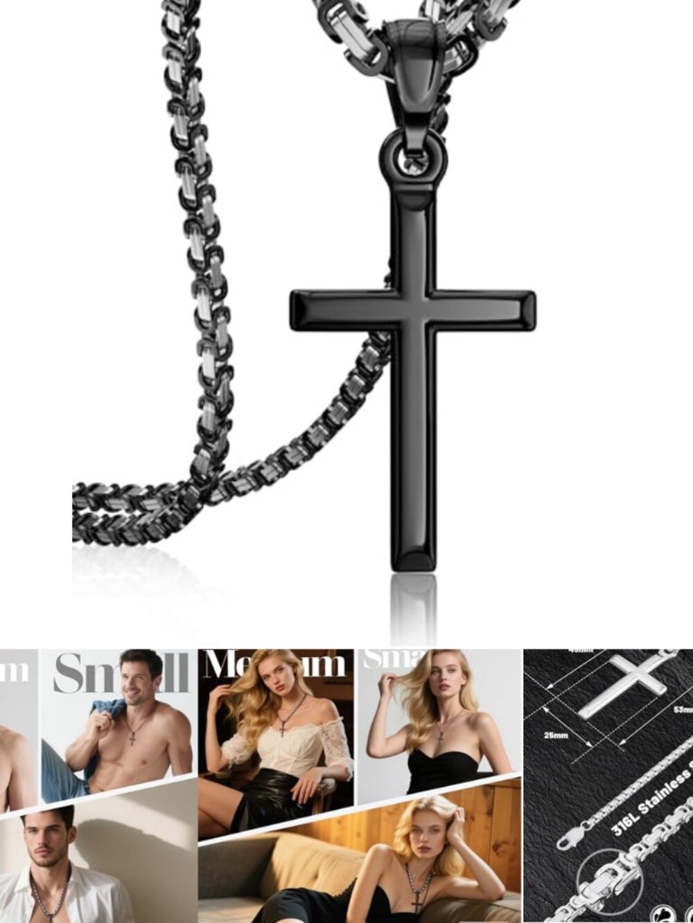 Mens Cross Necklace 316L Stainless Steel Byzantine Chain Pendant 22 Inch